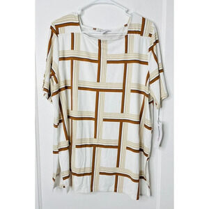 Liz Claiborne Tunic Shirt Plaid White Brown Sz XL Women Square Neck Stretch NWT